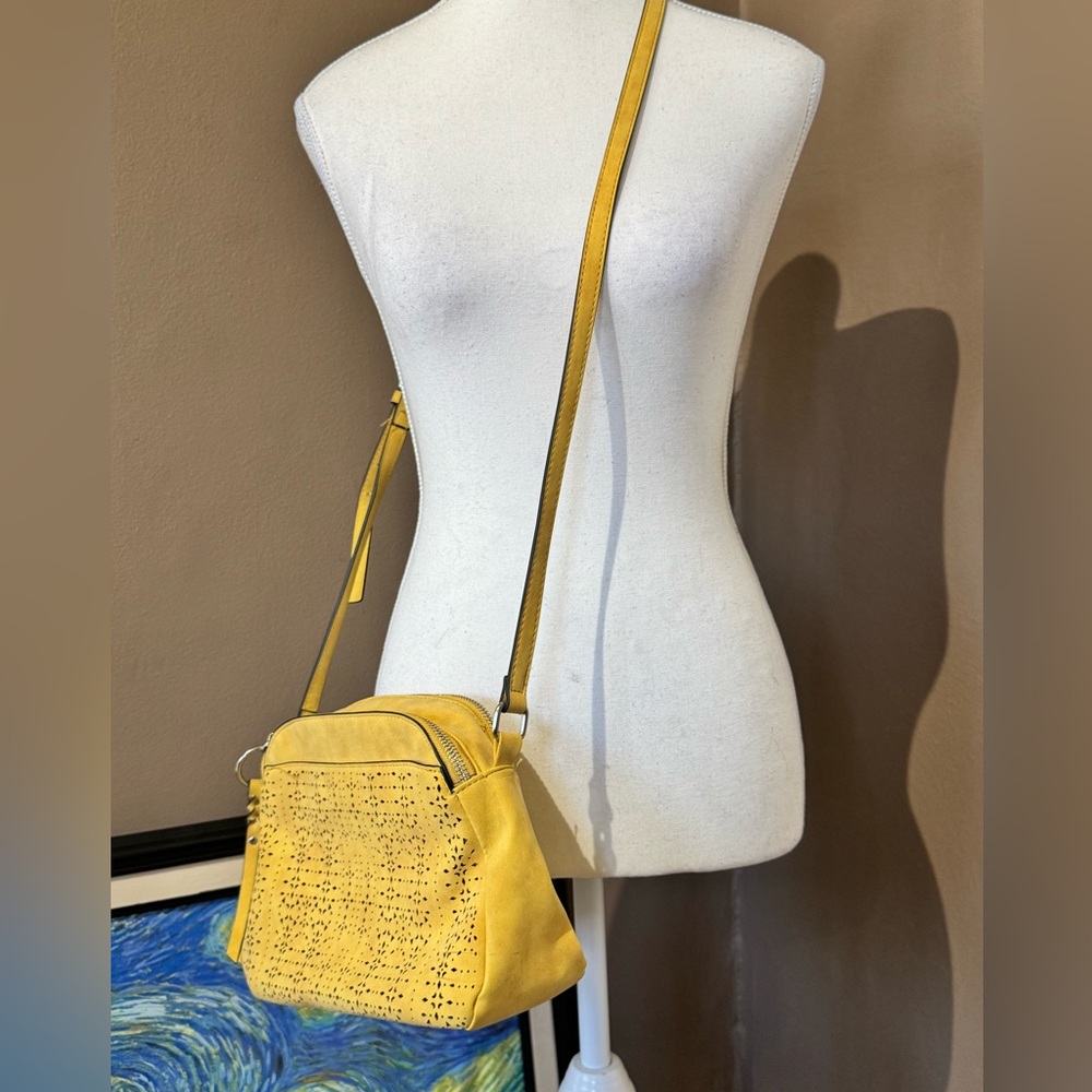 Mustard Yellow Crossbody Bag Laser Cut Shoulder Purse Adjustable Strap 💛